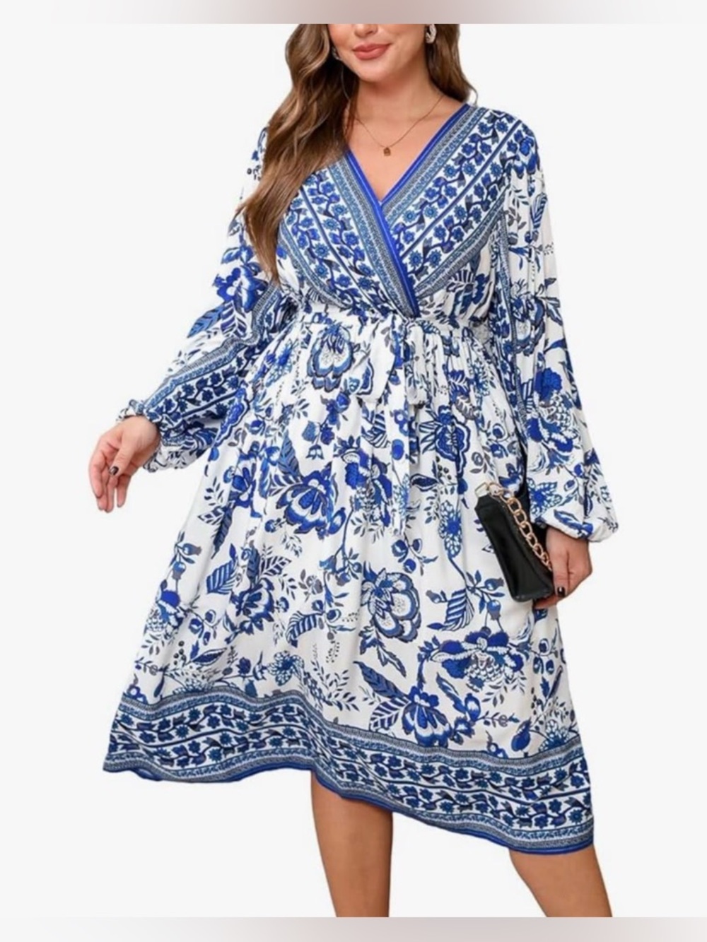 Cupshe White and Blue Floral Wrap Midi Dress